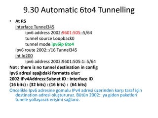 9.30 Automatic 6to4 Tunnelling
• At R5
interface Tunnel345
ipv6 address 2002:9601:505::5/64
tunnel source Loopback0
tunnel mode ipv6ip 6to4
ipv6 route 2002::/16 Tunnel345
int lo200
ipv6 address 2002:9601:505:1::5/64
Not : there is no tunnel destination in config
Ipv6 adresi aşağıdaki formatta olur:
2002:IPv4Address:Subnet ID : Interface ID
(16 bits) : (32 bits) : (16 bits) : (64 bits)
Oncelikle Ipv6 adresine gomulu IPv4 adresi üzerinden karşı taraf için
destination adresi oluştururuz. Bütün 2002:: ya giden paketleri
tunele yollayarak erişimi sağlarız.
 