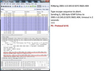 R3#ping 2001:1:0:345:0:5EFE:9601:404
Type escape sequence to abort.
Sending 5, 100-byte ICMP Echos to
2001:1:0:345:0:5EFE:9601:404, timeout is 2
seconds:
!!!!!
PS : Protocol id 41
 
