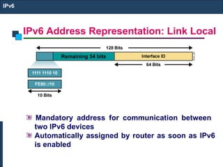 IPv6 Address Representation: Link Local
IPv6
Remaining 54 bits
Mandatory address for communication between
two IPv6 devices
Automatically assigned by router as soon as IPv6
is enabled
 