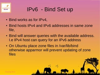 Jumping Bean
IPv6 - Bind Set up
● Bind works as for IPv4,
● Bind hosts IPv4 and IPv6 addresses in same zone
file,
● Bind will answer queries with the available address.
I.e IPv4 host can query for an IPv6 address
● On Ubuntu place zone files in /var/lib/bind
otherwise apparmor will prevent updating of zone
files
 