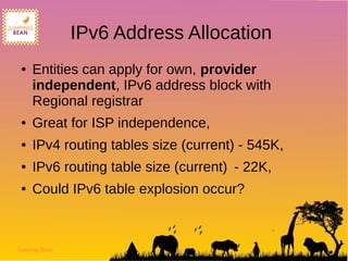 Jumping Bean
IPv6 Address Allocation
● Entities can apply for own, provider
independent, IPv6 address block with
Regional registrar
● Great for ISP independence,
● IPv4 routing tables size (current) - 545K,
● IPv6 routing table size (current) - 22K,
● Could IPv6 table explosion occur?
 