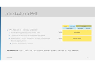 Thomas Moegli
๏ IPv6 n’est pas un « nouveau » protocole
๏ Il a été développée depuis les années 1990
๏ Correction de beaucoup de problèmes liées à IPv4
๏ Adressage sur 128 bits, permettant un espace d’adressage
beaucoup plus grande
๏ Environ 340 sextillons d’adresses
Introduction à IPv6
10
340 sextillons = 340 * 1036 = 340’282’366’920’938’463’374’607’431’768’211’456 adresses
Version Traﬃc Class Flow Label
Payload Length
Source Address
Next Header Hop Limit
Destination Address
128 bits
128 bits
 