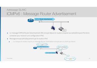 Thomas Moegli
๏ Le message ICMPv6 Router Advertisement (RA) envoyé depuis le routeur propose aux périphériques IPv6 de le
contacter pour recevoir une configuration IPv6.
๏ Message envoyé périodiquement par le routeur IPv6
๏ … ou lorsque le routeur reçoit un message Router Solicitation envoyé par un client qui désire
Adressage SLAAC
ICMPv6 : Message Router Advertisement
102
Serveur
DHCPv6
ICMPv6 Router Advertisement
Serveur
DHCPv6
A tous les routeurs IPv6, j’ai
besoin d’une conﬁguration
IPv6
Voici une conﬁguration IPv6
possible
ICMPv6 Router Advertisement
ICMPv6 Router Solicitation
Je ne suis ﬁnalement pas
utile !
 