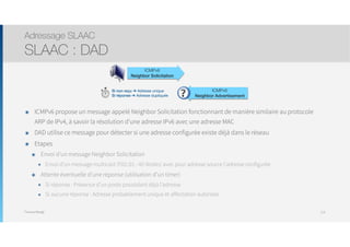 Thomas Moegli
๏ ICMPv6 propose un message appelé Neighbor Solicitation fonctionnant de manière similaire au protocole
ARP de IPv4, à savoir la résolution d’une adresse IPv6 avec une adresse MAC
๏ DAD utilise ce message pour détecter si une adresse configurée existe déjà dans le réseau
๏ Etapes
๏ Envoi d’un message Neighbor Solicitation
๏ Envoi d’un message multicast (F02::01 : All-Nodes) avec pour adresse source l’adresse configurée
๏ Attente éventuelle d’une réponse (utilisation d’un timer)
๏ Si réponse : Présence d’un poste possédant déjà l’adresse
๏ Si aucune réponse : Adresse probablement unique et affectation autorisée
Adressage SLAAC
SLAAC : DAD
113
ICMPv6
Neighbor Solicitation
ICMPv6
Neighbor Advertisement
Si non reçu ➔ Adresse unique
Si réponse ➔ Adresse dupliquée
 
