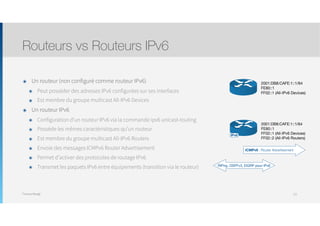 Thomas Moegli
๏ Un routeur (non configuré comme routeur IPv6)
๏ Peut posséder des adresses IPv6 configurées sur ses interfaces
๏ Est membre du groupe multicast All-IPv6 Devices
๏ Un routeur IPv6
๏ Configuration d’un routeur IPv6 via la commande ipv6 unicast-routing
๏ Possède les mêmes caractéristiques qu’un routeur
๏ Est membre du groupe multicast All-IPv6 Routers
๏ Envoie des messages ICMPv6 Router Advertisement
๏ Permet d’activer des protocoles de routage IPv6
๏ Transmet les paquets IPv6 entre équipements (transition via le routeur)
Routeurs vs Routeurs IPv6
121
2001:DB8:CAFE:1::1/64
FE80::1
FF02::1 (All-IPv6 Devices)
2001:DB8:CAFE:1::1/64
FE80::1
FF02::1 (All-IPv6 Devices)
FF02::2 (All-IPv6 Routers)
IPv6
ICMPv6 : Router Advertisement
RIPng, OSPFv3, EIGRP pour IPv6
 