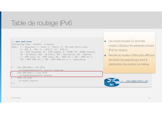 Thomas Moegli
Table de routage IPv6
123
R1# show ipv6 route
IPv6 Routing Table - default - 6 entries
Codes : C - Connected, L - Local, S - Static, U - Per-user Static route 
B - BGP, R - RIP, I1 - ISIS L1, I2 - ISIS L2 
IA - ISIS interarea, IS - ISIS summary, D - EIGRP, EX - EIGRP external 
ND - ND Default, NDp - ND Prefix, DCE - Destination, NDr - Redirect 
O - OSPF Intra, OI - OSPF Inter, OE1 - OSPF ext 1, OE2 - OSPF ext 2 
ON1 - OSPF NSSA ext 1, ON2 - OSPF NSSA ext 2, a - Application
C 2001:DB8:CAFE:1::/64 [0/0]
via GigabitEthernet0/0, directly connected
L 2001:DB8:CAFE:1::1/128 [0/0]
via GigabitEthernet0/0, receive
L FF00::/8 [0/0]
via Null0, receive
R1#
2001:DB8:CAFE:1::/64:1
R1
G0/0
๏ Les routes locales (L) sont des
routes /128 pour les adresses unicast
IPv6 du routeur
๏ Permet au routeur d’être plus efficace
de traiter les paquets qui sont à
destination du routeur lui-même.
 