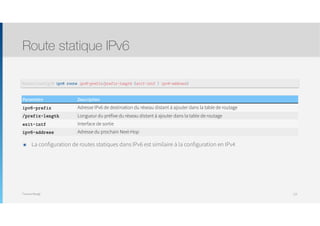 Thomas Moegli
๏ La configuration de routes statiques dans IPv6 est similaire à la configuration en IPv4
Route statique IPv6
125
Router(config)# ipv6 route ipv6-prefix/prefix-length {exit-intf | ipv6-address}
Paramètre Description
ipv6-prefix Adresse IPv6 de destination du réseau distant à ajouter dans la table de routage
/prefix-length Longueur du préfixe du réseau distant à ajouter dans la table de routage
exit-intf Interface de sortie
ipv6-address Adresse du prochain Next-Hop
 