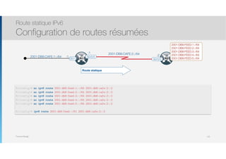 Thomas Moegli
2001:DB8:CAFE:2::/64
:1
:1
R2R1G0/1
S0/0/0
S0/0/0
:22001:DB8:CAFE:1::/64
2001:DB8:FEED:1::/64
2001:DB8:FEED:2::/64
2001:DB8:FEED:3::/64
2001:DB8:FEED:4::/64
2001:DB8:FEED:5::/64
Route statique
Route statique IPv6
Configuration de routes résumées
132
R1(config)# no ipv6 route 2001:db8:feed:1::/64 2001:db8:cafe:2::2
R1(config)# no ipv6 route 2001:db8:feed:2::/64 2001:db8:cafe:2::2
R1(config)# no ipv6 route 2001:db8:feed:3::/64 2001:db8:cafe:2::2
R1(config)# no ipv6 route 2001:db8:feed:4::/64 2001:db8:cafe:2::2
R1(config)# no ipv6 route 2001:db8:feed:5::/64 2001:db8:cafe:2::2
R1(config)# ipv6 route 2001:db8:feed::/61 2001:db8:cafe:2::2
 