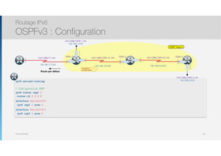 Thomas Moegli
ipv6 unicast-routing
! Configuration OSPF
ipv6 router ospf 2
router-id 2.2.2.6
interface Serial0/0/0
ipv6 ospf 2 area 0
interface Serial0/0/1
ipv6 ospf 2 area 0
Routage IPv6
OSPFv3 : Configuration
145
OSPF Area 0
2001:DB8:CAFE:12::/64
:2
.2
:1
.1
2001:DB8:CAFE:23::/64
:3
.3
:2
.2
R2
S0/0/0
S0/0/1
2001:DB8:77::/64
:1
.1
ISP
192.168.12.0/24 192.168.23.0/24
R1 S0/0/0
S0/0/1
192.168.1.0/24
2001:DB8:CAFE:1::/64
192.168.77.0/24
192.168.3.0/24
2001:DB8:CAFE:3::/64
R3
S0/0/1
G0/0
G0/0
:1
.1
:3
.3
FE80::1 FE80::2 FE80::3
Route par défaut
:2
.2
Propagation
route par défaut
R2
 