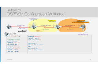 Thomas Moegli
OSPF Area 51
2001:DB8:CAFE:12::/64
:2
.2
:1
.1
2001:DB8:CAFE:23::/64
:3
.3
:2
.2
R2
S0/0/0
S0/0/1
2001:DB8:77::/64
:1
.1
ISP
192.168.12.0/24 192.168.23.0/24
R1 S0/0/0
S0/0/1
192.168.1.0/24
2001:DB8:CAFE:1::/64
192.168.77.0/24
192.168.3.0/24
2001:DB8:CAFE:3::/64
R3
S0/0/1
G0/0
G0/0
:1
.1
:3
.3
FE80::1 FE80::2 FE80::3
Route par défaut
OSPF Area 0
Totally Stubby (OSPFv2 et OSPFv3)
ipv6 unicast-routing
! Configuration OSPF
ipv6 router ospf 1
router-id 2.2.2.2
ipv6 router ospf 2
router-id 2.2.2.6
interface Serial0/0/0
ip ospf 1 area 0
ipv6 ospf 2 area 0
Routage IPv6
OSPFv3 : Configuration Multi-area
147
:2
.2
Propagation
route par défaut
R2 Routeur ABR
interface Serial0/0/1
ip ospf 1 area 51
ipv6 ospf 2 area 51
router ospf 1
area 51 stub no-summary
exit
ipv6 router ospf 2
area 51 stub no-summary
 