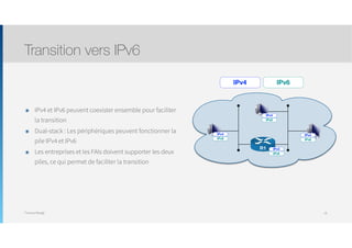 Thomas Moegli
๏ IPv4 et IPv6 peuvent coexister ensemble pour faciliter
la transition
๏ Dual-stack : Les périphériques peuvent fonctionner la
pile IPv4 et IPv6
๏ Les entreprises et les FAIs doivent supporter les deux
piles, ce qui permet de faciliter la transition
Transition vers IPv6
18
R1
IPv4
IPv6
IPv4
IPv6
IPv4
IPv6
IPv4
IPv6
IPv4 IPv6
 
