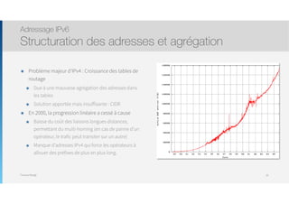 Thomas Moegli
๏ Problème majeur d’IPv4 : Croissance des tables de
routage
๏ Due à une mauvaise agrégation des adresses dans
les tables
๏ Solution apportée mais insuffisante : CIDR
๏ En 2000, la progression linéaire a cessé à cause
๏ Baisse du coût des liaisons longues distances,
permettant du multi-homing (en cas de panne d’un
opérateur, le trafic peut transiter sur un autre)
๏ Manque d’adresses IPv4 qui force les opérateurs à
allouer des préfixes de plus en plus long.
Adressage IPv6
Structuration des adresses et agrégation
26
2
Attribuer une adresse à un équipement est un processus complexe, basé sur un compromis entre la fac
d'attribution et la facilité de gestion. Idéalement, pour minimiser la taille de routage, le réseau dev
avoir une topologie en arbre, cela rendrait l'adressage hiérarchique très efficace. Dans la réalité pour
raisons économiques, techniques, géographiques ou de performances, le réseau est beaucoup
complexe et peut être vu comme un graphe. Il faut introduire des exceptions dans les tables de routa
pour refléter cette topologie. On voit que pour avoir l'adressage le plus efficace possible, il faut dan
graphe trouver la représentation arborescente qui génère le moins d'exceptions possibles. Or s'il é
possible aujourd'hui de trouver une représentation valide, elle ne le sera pas nécessairement demain
conséquence, la définition du plan d'adressage doit être la plus souple possible pour permettre
évolution de nature imprévisible.
D'autant plus que l'agrégation pour IPv4 ne semble plus aussi efficace. La figure suivante donne l'évolu
de table de routage dans le cœur de l'Internet, c'est-à-dire dans les réseaux des opérateurs où auc
route par défaut n'est définie.
 