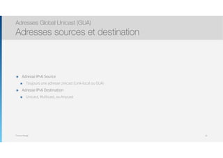 Thomas Moegli
๏ Adresse IPv6 Source
๏ Toujours une adresse Unicast (Link-local ou GUA)
๏ Adresse IPv6 Destination
๏ Unicast, Multicast, ou Anycast
Adresses Global Unicast (GUA)
Adresses sources et destination
39
 