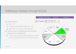 Thomas Moegli
๏ Caractéristiques
๏ 2000::/3
๏ De 2000::/64 à 3FFF:FFF:FFF:FFF::/64
๏ Représente 1/8 de l’espace d’adressage IPv6
๏ Sauf en de rares circonstances, tous les utilisateurs
disposeront d’une adresse GUA
๏ Un hôte (une interface) peut potentiellement posséder
plusieurs adresses IPv6 du même ou différents réseaux
Adresses Global Unicast (GUA)
40
Subnet IDGlobal Routing Preﬁx Interface ID
001 1er hextet : 0010 0000 0000 0000
0011 1111 1111 1111 : 3FFF
: 2000
Global
Unicast
 