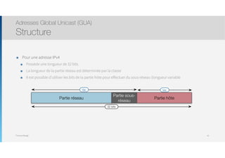 Thomas Moegli
Partie sous-
réseau
Partie hôtePartie réseau
Var.
32 bits
Var.
๏ Pour une adresse IPv4
๏ Possède une longueur de 32 bits
๏ La longueur de la partie réseau est déterminée par la classe
๏ Il est possible d’utiliser les bits de la partie hôte pour effectuer du sous-réseau (longueur variable
Adresses Global Unicast (GUA)
Structure
42
 