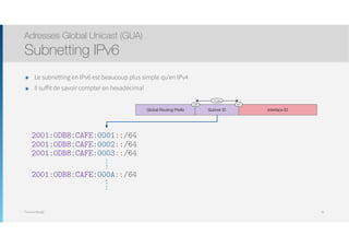 Thomas Moegli
๏ Le subnetting en IPv6 est beaucoup plus simple qu’en IPv4
๏ Il suffit de savoir compter en hexadécimal
Adresses Global Unicast (GUA)
Subnetting IPv6
45
2001:0DB8:CAFE:0001::/64
Interface IDGlobal Routing Preﬁx Subnet ID
16 bits
/48 /64
2001:0DB8:CAFE:0002::/64
2001:0DB8:CAFE:0003::/64
2001:0DB8:CAFE:000A::/64
 