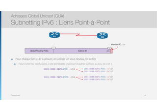 Thomas Moegli
Interface ID (1 bit)
Global Routing Preﬁx Subnet ID
/48 /127
101
2001:0DB8:CAFE:F001::/64 2001:0DB8:CAFE:F001::A/127
2001:0DB8:CAFE:F001::B/127
2001:0DB8:CAFE:F002::/64 2001:0DB8:CAFE:F002::A/127
2001:0DB8:CAFE:F002::B/127
๏ Pour chaque lien /127 à allouer, on utiliser un sous-réseau /64 entier
๏ Pour éviter les confusions, il est préférable d’utiliser d’autres suffixes au lieu de 0 et 1
Adresses Global Unicast (GUA)
Subnetting IPv6 : Liens Point-à-Point
49
R2R1
 