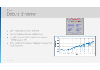 Thomas Moegli
๏ 1990 : Introduction du World Wide Web
๏ Tout le monde pouvait avoir accès à Internet
๏ Les tables Internet ont donc rapidement grossies  
- 20’000 routes en 1994
๏ IETF a rapidement réalisé que l’espace d’adressage IPv4
serait insuffisante
IPv4
Débuts d’Internet
6
 