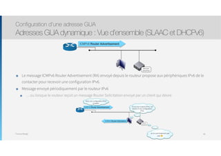 Thomas Moegli
๏ Le message ICMPv6 Router Advertisement (RA) envoyé depuis le routeur propose aux périphériques IPv6 de le
contacter pour recevoir une configuration IPv6.
๏ Message envoyé périodiquement par le routeur IPv6
๏ … ou lorsque le routeur reçoit un message Router Solicitation envoyé par un client qui désire
Configuration d’une adresse GUA
Adresses GUA dynamique : Vue d’ensemble (SLAAC et DHCPv6)
66
Serveur
DHCPv6
ICMPv6 Router Advertisement
Serveur
DHCPv6
A tous les routeurs IPv6, j’ai
besoin d’une conﬁguration
IPv6
Voici une conﬁguration IPv6
possible
ICMPv6 Router Advertisement
ICMPv6 Router Solicitation
Je ne suis ﬁnalement pas
utile !
 