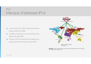 Thomas Moegli
๏ Le 31 janvier 2011, IANA a alloué les derniers
réseaux /8 IPv4 aux RIRs
๏ Les RIRs ont très peu, si ce n’est plus aucune
adresse IP disponible
๏ Plusieurs FAI sont sévèrement limitées et ne
peuvent plus recevoir de nouveaux blocs
IPv6
Manque d’adresses IPv4
8
Situation actuelle ou estimée
Novembre 2014
2015
2012
2011
2019
2014
Remarque : APNIC et RIPE possèdent encore des adresses allouables mais sont très restrictives
pour l’attribution de nouveaux blocs
 