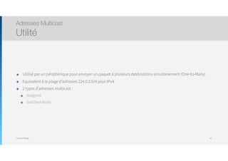 Thomas Moegli
๏ Utilisé par un périphérique pour envoyer un paquet à plusieurs destinations simultanément (One-to-Many)
๏ Equivalent à la plage d’adresses 224.0.0.0/4 pour IPv4
๏ 2 types d’adresses multicast :
๏ Assigned
๏ Solicited-Node
Adresses Multicast
Utilité
85
 