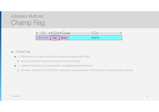 Thomas Moegli
๏ Champ Flag
๏ 0 : Permanent, adresse multicast connue et assignée par l’IANA
๏ Inclut les adresses multicast Assigned et Solicited-Node
๏ 1 : Adresse multicast non permanente, assignée dynamiquement
๏ Exemple : Adresse FF18::CAFE:1234, utilisé pour une application multicast avec une portée Organizational
Adresses Multicast
Champ Flag
88
Group ID1111 1111
112 bits8 bits
Flag
4 bits
Scope
4 bits
/16
 