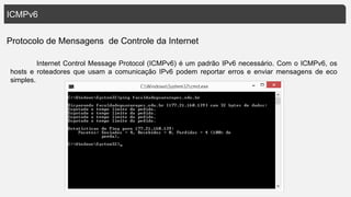 ICMPv6
Protocolo de Mensagens de Controle da Internet
Internet Control Message Protocol (ICMPv6) é um padrão IPv6 necessário. Com o ICMPv6, os
hosts e roteadores que usam a comunicação IPv6 podem reportar erros e enviar mensagens de eco
simples.
 