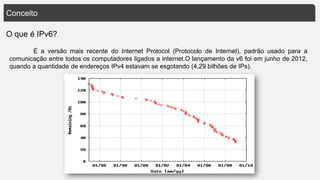 Conceito
O que é IPv6?
É a versão mais recente do Internet Protocol (Protocolo de Internet), padrão usado para a
comunicação entre todos os computadores ligados a internet.O lançamento da v6 foi em junho de 2012,
quando a quantidade de endereços IPv4 estavam se esgotando (4,29 bilhões de IPs).
 