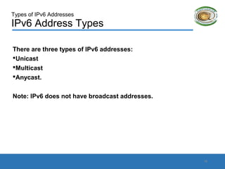Types of IPv6 Addresses
IPv6 Address Types
There are three types of IPv6 addresses:
Unicast
Multicast
Anycast.
Note: IPv6 does not have broadcast addresses.
16
 