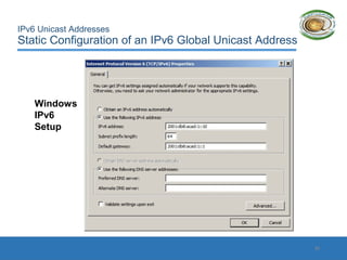IPv6 Unicast Addresses
Static Configuration of an IPv6 Global Unicast Address
Windows
IPv6
Setup
22
 
