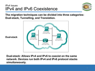 IPv4 Issues
IPv4 and IPv6 Coexistence
The migration techniques can be divided into three categories:
Dual-stack, Tunnelling, and Translation.
Dual-stack: Allows IPv4 and IPv6 to coexist on the same
network. Devices run both IPv4 and IPv6 protocol stacks
simultaneously.
Dual-stack
7
 