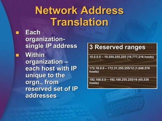Network Address
Translation
 Each
organization-
single IP address
 Within
organization –
each host with IP
unique to the
orgn., from
reserved set of IP
addresses
3 Reserved ranges
10.0.0.0 – 10.255.255.255 (16,777,216 hosts)
172.16.0.0 – 172.31.255.255/12 (1,048,576
hosts)
192.168.0.0 – 192.168.255.255/16 (65,536
hosts)
 