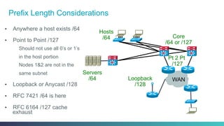 Prefix Length Considerations
Pt 2 Pt
/127
WAN
Core
/64 or /127
Servers
/64
Hosts
/64
Loopback
/128
•  Anywhere a host exists /64
•  Point to Point /127
Should not use all 0’s or 1’s
in the host portion
Nodes 1&2 are not in the
same subnet
•  Loopback or Anycast /128
•  RFC 7421 /64 is here
•  RFC 6164 /127 cache
exhaust
 