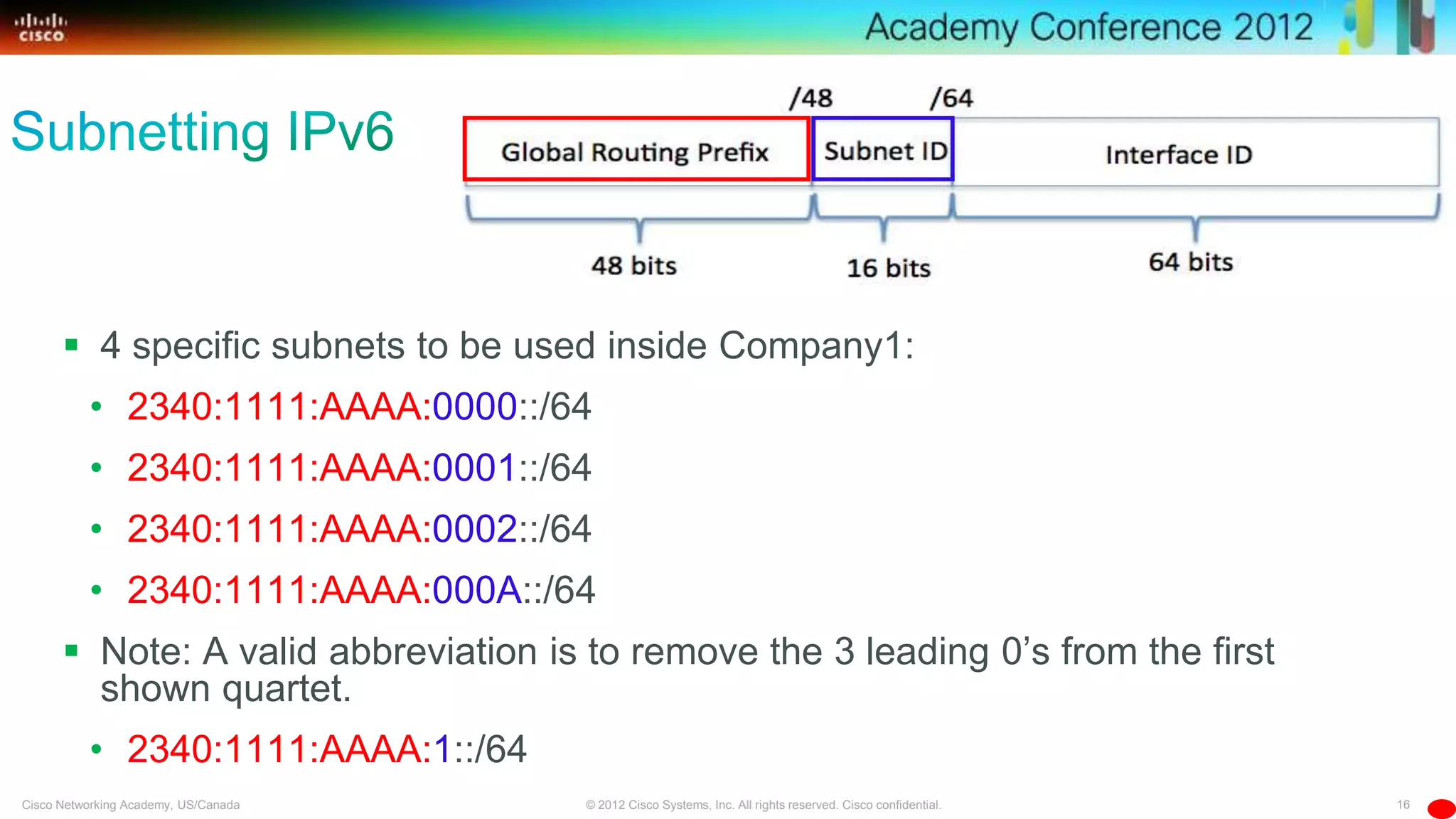 16© 2012 Cisco Systems, Inc. All rights reserved. Cisco confidential.Cisco Networking Academy, US/Canada
 4 specific subnets to be used inside Company1:
• 2340:1111:AAAA:0000::/64
• 2340:1111:AAAA:0001::/64
• 2340:1111:AAAA:0002::/64
• 2340:1111:AAAA:000A::/64
 Note: A valid abbreviation is to remove the 3 leading 0’s from the first
shown quartet.
• 2340:1111:AAAA:1::/64
 
