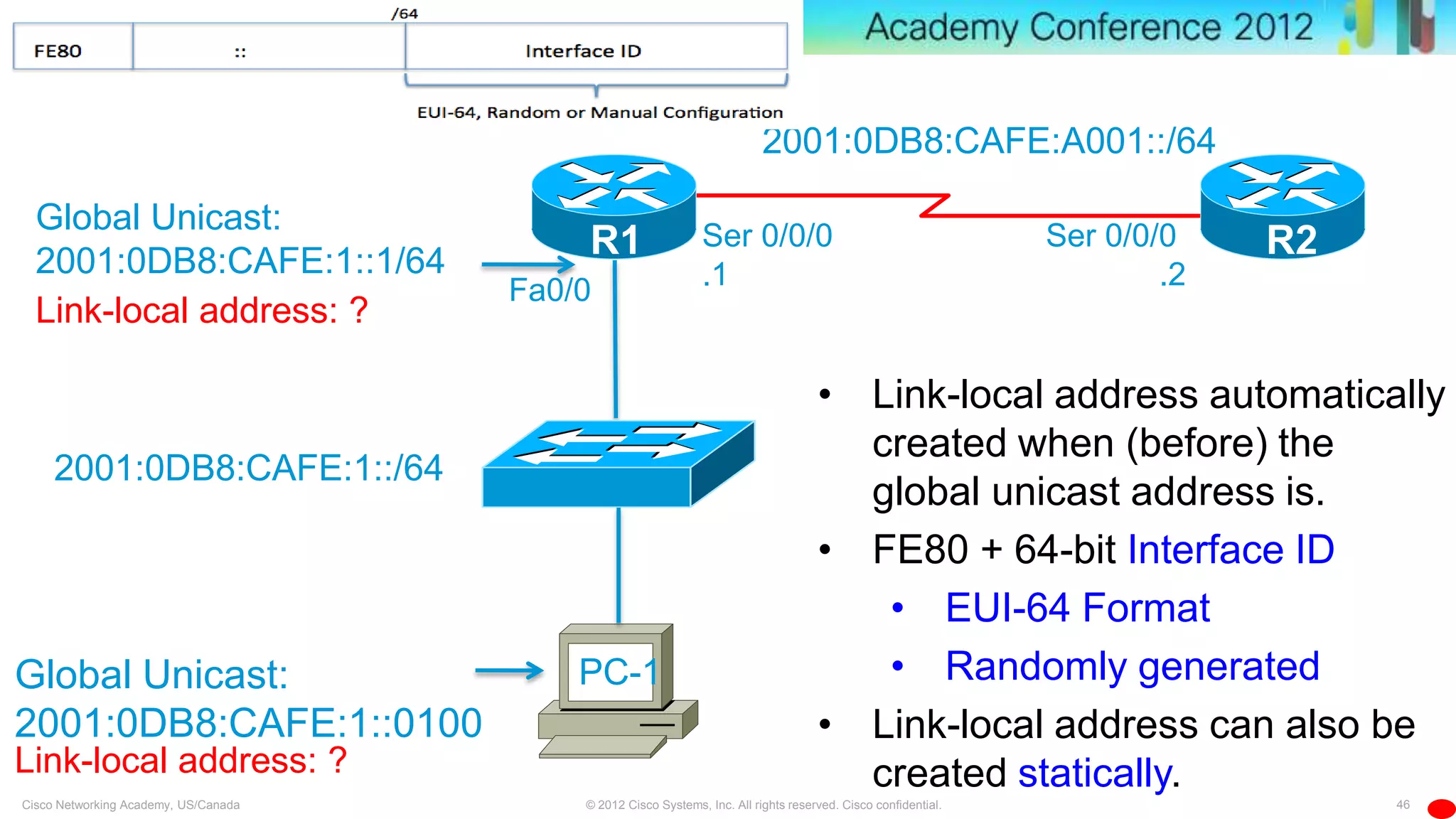 46© 2012 Cisco Systems, Inc. All rights reserved. Cisco confidential.Cisco Networking Academy, US/Canada
Global Unicast:
2001:0DB8:CAFE:1::0100
2001:0DB8:CAFE:A001::/64
2001:0DB8:CAFE:1::/64
Fa0/0
Ser 0/0/0
.1
Ser 0/0/0
.2
Global Unicast:
2001:0DB8:CAFE:1::1/64
• Link-local address automatically
created when (before) the
global unicast address is.
• FE80 + 64-bit Interface ID
• EUI-64 Format
• Randomly generated
• Link-local address can also be
created statically.Link-local address: ?
Link-local address: ?
PC-1
R2R1
 