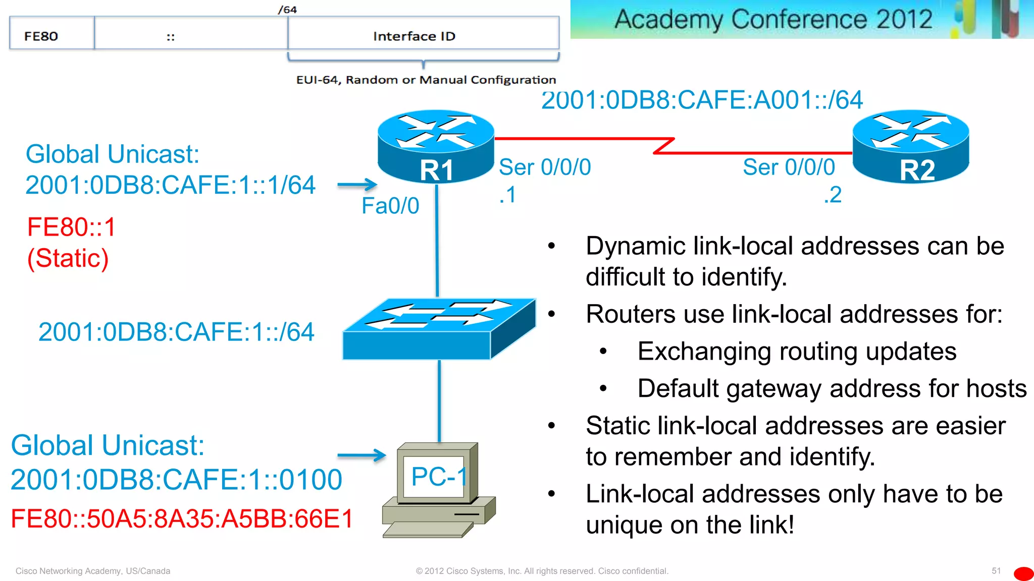 51© 2012 Cisco Systems, Inc. All rights reserved. Cisco confidential.Cisco Networking Academy, US/Canada
Global Unicast:
2001:0DB8:CAFE:1::0100
2001:0DB8:CAFE:A001::/64
2001:0DB8:CAFE:1::/64
Fa0/0
Ser 0/0/0
.1
Ser 0/0/0
.2
Global Unicast:
2001:0DB8:CAFE:1::1/64
• Dynamic link-local addresses can be
difficult to identify.
• Routers use link-local addresses for:
• Exchanging routing updates
• Default gateway address for hosts
• Static link-local addresses are easier
to remember and identify.
• Link-local addresses only have to be
unique on the link!
PC-1
R2R1
FE80::203:6BFF:FEE9:D480
(EUI-64)
FE80::50A5:8A35:A5BB:66E1
FE80::1
(Static)
 