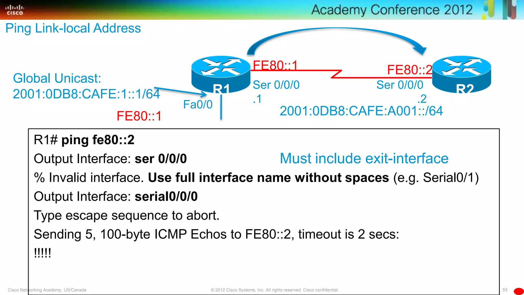 53© 2012 Cisco Systems, Inc. All rights reserved. Cisco confidential.Cisco Networking Academy, US/Canada
R1# ping fe80::2
Output Interface: ser 0/0/0
% Invalid interface. Use full interface name without spaces (e.g. Serial0/1)
Output Interface: serial0/0/0
Type escape sequence to abort.
Sending 5, 100-byte ICMP Echos to FE80::2, timeout is 2 secs:
!!!!!
Must include exit-interface
Fa0/0
Global Unicast:
2001:0DB8:CAFE:1::1/64
FE80::1 2001:0DB8:CAFE:A001::/64
Ser 0/0/0
.1
Ser 0/0/0
.2
R2R1
FE80::1 FE80::2
Ping Link-local Address
 