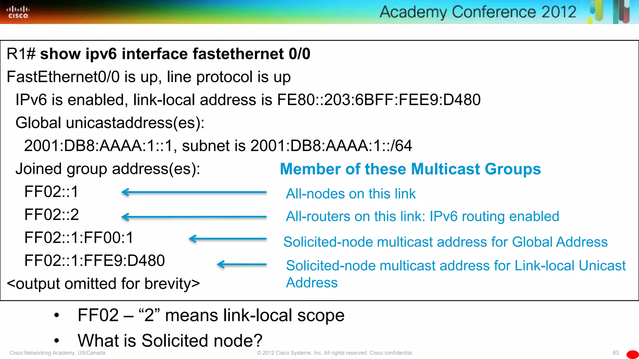 63© 2012 Cisco Systems, Inc. All rights reserved. Cisco confidential.Cisco Networking Academy, US/Canada
R1# show ipv6 interface fastethernet 0/0
FastEthernet0/0 is up, line protocol is up
IPv6 is enabled, link-local address is FE80::203:6BFF:FEE9:D480
Global unicastaddress(es):
2001:DB8:AAAA:1::1, subnet is 2001:DB8:AAAA:1::/64
Joined group address(es):
FF02::1
FF02::2
FF02::1:FF00:1
FF02::1:FFE9:D480
<output omitted for brevity>
All-nodes on this link
All-routers on this link: IPv6 routing enabled
Solicited-node multicast address for Link-local Unicast
Address
Solicited-node multicast address for Global Address
Member of these Multicast Groups
• FF02 – ―2‖ means link-local scope
• What is Solicited node?
 