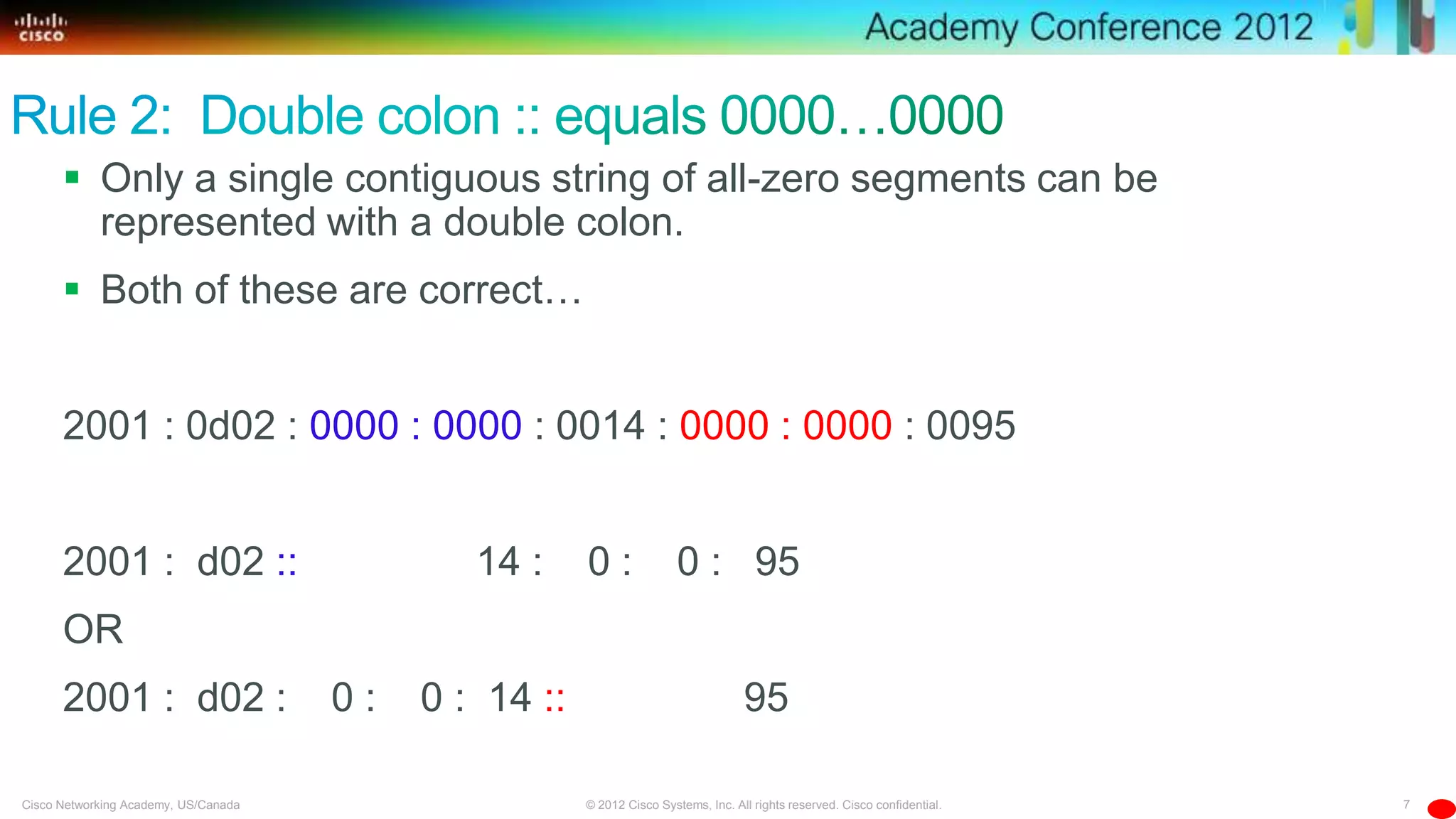 7© 2012 Cisco Systems, Inc. All rights reserved. Cisco confidential.Cisco Networking Academy, US/Canada
 Only a single contiguous string of all-zero segments can be
represented with a double colon.
 Both of these are correct…
2001 : 0d02 : 0000 : 0000 : 0014 : 0000 : 0000 : 0095
2001 : d02 :: 14 : 0 : 0 : 95
OR
2001 : d02 : 0 : 0 : 14 :: 95
 