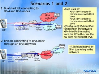 Scenarios 1 and 2
1. Dual stack UE connecting to                                                        •Dual stack UE
   IPv4 and IPv6 nodes                                                                     •IPv4 PDP context to
                                                                           (Peer)          communicate with IPv4
                                                                  IPv4    Node             peers
                                                                  network                  •IPv6 PDP context to
                                                                                           communicate with IPv6
                           GGSN
                                                  IP                                       peers
                                                                           (Peer) •(Configured) IPv6-in-IPv4
                     2G / 3G                            Edge       IPv6     Node
                   mobile network                       Router     network        tunneling in the network
 UE
                                                                                  •IPv6-in-IPv4 tunneling
                                                                                  from the UE in the case the
                                                                                  nw does not support IPv6
2. IPv6 UE connecting to IPv6 node
   through an IPv4 network                                                        (Peer)
                                                                                   Node    •(Configured) IPv6-in-
                                                                           IPv6
                                                                                           IPv4 tunneling in the
                                                                 IPv4      network         network
                          GGSN                 IP                network
        IPv6        2G / 3G                            Edge
        PDP       mobile network                       Router
UE      context




 16   © NOKIA   End-to-end and IPv6 / John Loughney
 