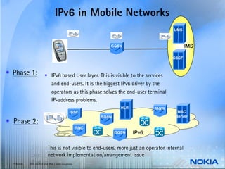 IPv6 in Mobile Networks
                                                                                       UMS



                                                             GGSN                              IMS

                                                                                       CSCF



• Phase 1:               • IPv6 based User layer. This is visible to the services
                           and end-users. It is the biggest IPv6 driver by the
                           operators as this phase solves the end-user terminal
                           IP-address problems.
                                                                   HLR          MGW
                                               BSC                                       MSC
                                                          SGSN                          Server
• Phase 2:
                                                    RNC
                                                                 GGSN    IPv6


                            This is not visible to end-users, more just an operator internal
                            network implementation/arrangement issue
7   © NOKIA   End-to-end and IPv6 / John Loughney
 