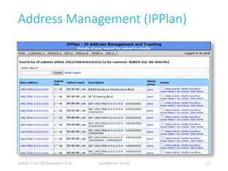 Address Management (IPPlan)
bdNOG 5 and ION Bangladesh 2016 awal@bdren.net.bd 22
 
