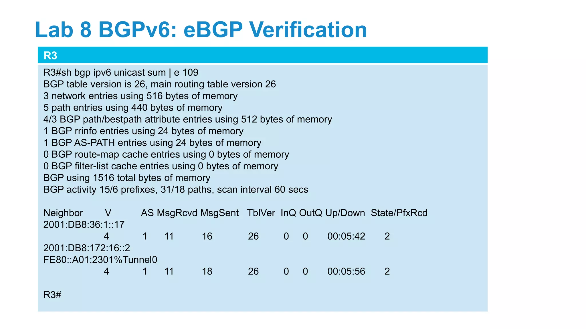 R3
R3#sh bgp ipv6 unicast sum | e 109
BGP table version is 26, main routing table version 26
3 network entries using 516 bytes of memory
5 path entries using 440 bytes of memory
4/3 BGP path/bestpath attribute entries using 512 bytes of memory
1 BGP rrinfo entries using 24 bytes of memory
1 BGP AS-PATH entries using 24 bytes of memory
0 BGP route-map cache entries using 0 bytes of memory
0 BGP filter-list cache entries using 0 bytes of memory
BGP using 1516 total bytes of memory
BGP activity 15/6 prefixes, 31/18 paths, scan interval 60 secs
Neighbor V AS MsgRcvd MsgSent TblVer InQ OutQ Up/Down State/PfxRcd
2001:DB8:36:1::17
4 1 11 16 26 0 0 00:05:42 2
2001:DB8:172:16::2
FE80::A01:2301%Tunnel0
4 1 11 18 26 0 0 00:05:56 2
R3#
Lab 8 BGPv6: eBGP Verification
 