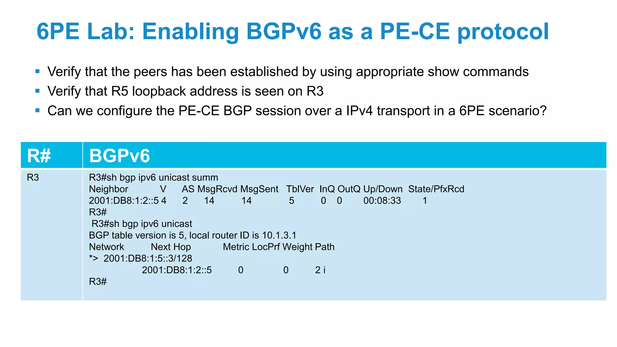 6PE Lab: Enabling BGPv6 as a PE-CE protocol
 Verify that the peers has been established by using appropriate show commands
 Verify that R5 loopback address is seen on R3
 Can we configure the PE-CE BGP session over a IPv4 transport in a 6PE scenario?
R# BGPv6
R3 R3#sh bgp ipv6 unicast summ
Neighbor V AS MsgRcvd MsgSent TblVer InQ OutQ Up/Down State/PfxRcd
2001:DB8:1:2::5 4 2 14 14 5 0 0 00:08:33 1
R3#
R3#sh bgp ipv6 unicast
BGP table version is 5, local router ID is 10.1.3.1
Network Next Hop Metric LocPrf Weight Path
*> 2001:DB8:1:5::3/128
2001:DB8:1:2::5 0 0 2 i
R3#
 
