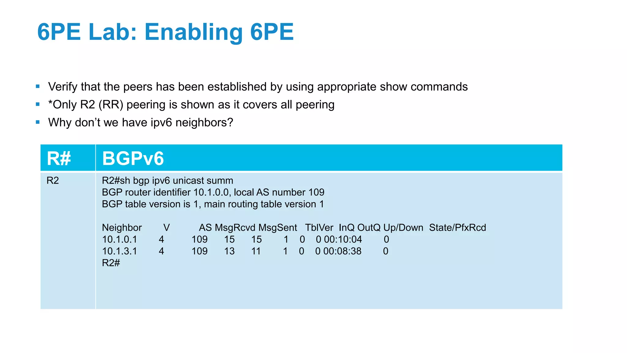6PE Lab: Enabling 6PE
 Verify that the peers has been established by using appropriate show commands
 *Only R2 (RR) peering is shown as it covers all peering
 Why don’t we have ipv6 neighbors?
R# BGPv6
R2 R2#sh bgp ipv6 unicast summ
BGP router identifier 10.1.0.0, local AS number 109
BGP table version is 1, main routing table version 1
Neighbor V AS MsgRcvd MsgSent TblVer InQ OutQ Up/Down State/PfxRcd
10.1.0.1 4 109 15 15 1 0 0 00:10:04 0
10.1.3.1 4 109 13 11 1 0 0 00:08:38 0
R2#
 