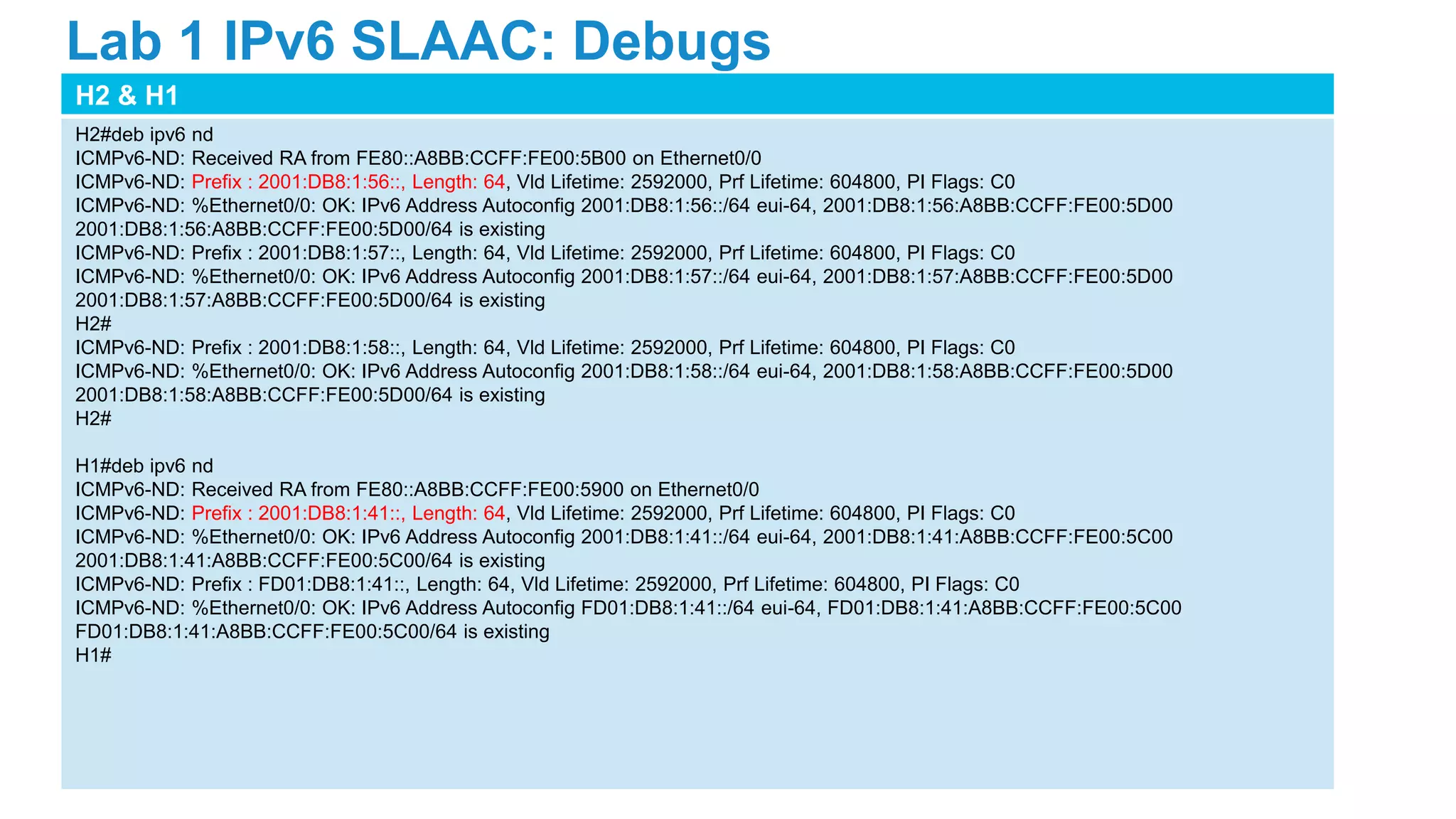 H2 & H1
H2#deb ipv6 nd
ICMPv6-ND: Received RA from FE80::A8BB:CCFF:FE00:5B00 on Ethernet0/0
ICMPv6-ND: Prefix : 2001:DB8:1:56::, Length: 64, Vld Lifetime: 2592000, Prf Lifetime: 604800, PI Flags: C0
ICMPv6-ND: %Ethernet0/0: OK: IPv6 Address Autoconfig 2001:DB8:1:56::/64 eui-64, 2001:DB8:1:56:A8BB:CCFF:FE00:5D00
2001:DB8:1:56:A8BB:CCFF:FE00:5D00/64 is existing
ICMPv6-ND: Prefix : 2001:DB8:1:57::, Length: 64, Vld Lifetime: 2592000, Prf Lifetime: 604800, PI Flags: C0
ICMPv6-ND: %Ethernet0/0: OK: IPv6 Address Autoconfig 2001:DB8:1:57::/64 eui-64, 2001:DB8:1:57:A8BB:CCFF:FE00:5D00
2001:DB8:1:57:A8BB:CCFF:FE00:5D00/64 is existing
H2#
ICMPv6-ND: Prefix : 2001:DB8:1:58::, Length: 64, Vld Lifetime: 2592000, Prf Lifetime: 604800, PI Flags: C0
ICMPv6-ND: %Ethernet0/0: OK: IPv6 Address Autoconfig 2001:DB8:1:58::/64 eui-64, 2001:DB8:1:58:A8BB:CCFF:FE00:5D00
2001:DB8:1:58:A8BB:CCFF:FE00:5D00/64 is existing
H2#
H1#deb ipv6 nd
ICMPv6-ND: Received RA from FE80::A8BB:CCFF:FE00:5900 on Ethernet0/0
ICMPv6-ND: Prefix : 2001:DB8:1:41::, Length: 64, Vld Lifetime: 2592000, Prf Lifetime: 604800, PI Flags: C0
ICMPv6-ND: %Ethernet0/0: OK: IPv6 Address Autoconfig 2001:DB8:1:41::/64 eui-64, 2001:DB8:1:41:A8BB:CCFF:FE00:5C00
2001:DB8:1:41:A8BB:CCFF:FE00:5C00/64 is existing
ICMPv6-ND: Prefix : FD01:DB8:1:41::, Length: 64, Vld Lifetime: 2592000, Prf Lifetime: 604800, PI Flags: C0
ICMPv6-ND: %Ethernet0/0: OK: IPv6 Address Autoconfig FD01:DB8:1:41::/64 eui-64, FD01:DB8:1:41:A8BB:CCFF:FE00:5C00
FD01:DB8:1:41:A8BB:CCFF:FE00:5C00/64 is existing
H1#
Lab 1 IPv6 SLAAC: Debugs
 