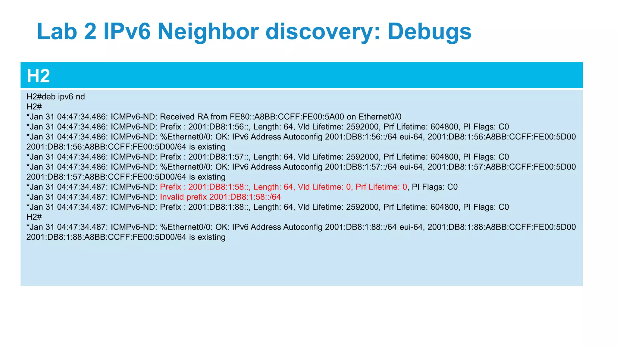 H2
H2#deb ipv6 nd
H2#
*Jan 31 04:47:34.486: ICMPv6-ND: Received RA from FE80::A8BB:CCFF:FE00:5A00 on Ethernet0/0
*Jan 31 04:47:34.486: ICMPv6-ND: Prefix : 2001:DB8:1:56::, Length: 64, Vld Lifetime: 2592000, Prf Lifetime: 604800, PI Flags: C0
*Jan 31 04:47:34.486: ICMPv6-ND: %Ethernet0/0: OK: IPv6 Address Autoconfig 2001:DB8:1:56::/64 eui-64, 2001:DB8:1:56:A8BB:CCFF:FE00:5D00
2001:DB8:1:56:A8BB:CCFF:FE00:5D00/64 is existing
*Jan 31 04:47:34.486: ICMPv6-ND: Prefix : 2001:DB8:1:57::, Length: 64, Vld Lifetime: 2592000, Prf Lifetime: 604800, PI Flags: C0
*Jan 31 04:47:34.486: ICMPv6-ND: %Ethernet0/0: OK: IPv6 Address Autoconfig 2001:DB8:1:57::/64 eui-64, 2001:DB8:1:57:A8BB:CCFF:FE00:5D00
2001:DB8:1:57:A8BB:CCFF:FE00:5D00/64 is existing
*Jan 31 04:47:34.487: ICMPv6-ND: Prefix : 2001:DB8:1:58::, Length: 64, Vld Lifetime: 0, Prf Lifetime: 0, PI Flags: C0
*Jan 31 04:47:34.487: ICMPv6-ND: Invalid prefix 2001:DB8:1:58::/64
*Jan 31 04:47:34.487: ICMPv6-ND: Prefix : 2001:DB8:1:88::, Length: 64, Vld Lifetime: 2592000, Prf Lifetime: 604800, PI Flags: C0
H2#
*Jan 31 04:47:34.487: ICMPv6-ND: %Ethernet0/0: OK: IPv6 Address Autoconfig 2001:DB8:1:88::/64 eui-64, 2001:DB8:1:88:A8BB:CCFF:FE00:5D00
2001:DB8:1:88:A8BB:CCFF:FE00:5D00/64 is existing
Lab 2 IPv6 Neighbor discovery: Debugs
 