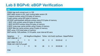 R3
R3#sh bgp ipv6 unicast sum | e 109
BGP table version is 26, main routing table version 26
3 network entries using 516 bytes of memory
5 path entries using 440 bytes of memory
4/3 BGP path/bestpath attribute entries using 512 bytes of memory
1 BGP rrinfo entries using 24 bytes of memory
1 BGP AS-PATH entries using 24 bytes of memory
0 BGP route-map cache entries using 0 bytes of memory
0 BGP filter-list cache entries using 0 bytes of memory
BGP using 1516 total bytes of memory
BGP activity 15/6 prefixes, 31/18 paths, scan interval 60 secs
Neighbor V AS MsgRcvd MsgSent TblVer InQ OutQ Up/Down State/PfxRcd
2001:DB8:36:1::17
4 1 11 16 26 0 0 00:05:42 2
2001:DB8:172:16::2
FE80::A01:2301%Tunnel0
4 1 11 18 26 0 0 00:05:56 2
R3#
Lab 8 BGPv6: eBGP Verification
 