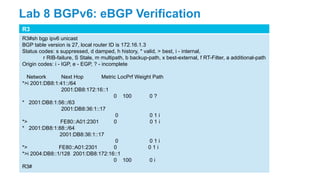 R3
R3#sh bgp ipv6 unicast
BGP table version is 27, local router ID is 172.16.1.3
Status codes: s suppressed, d damped, h history, * valid, > best, i - internal,
r RIB-failure, S Stale, m multipath, b backup-path, x best-external, f RT-Filter, a additional-path
Origin codes: i - IGP, e - EGP, ? - incomplete
Network Next Hop Metric LocPrf Weight Path
*>i 2001:DB8:1:41::/64
2001:DB8:172:16::1
0 100 0 ?
* 2001:DB8:1:56::/63
2001:DB8:36:1::17
0 0 1 i
*> FE80::A01:2301 0 0 1 i
* 2001:DB8:1:88::/64
2001:DB8:36:1::17
0 0 1 i
*> FE80::A01:2301 0 0 1 i
*>i 2004:DB8::1/128 2001:DB8:172:16::1
0 100 0 i
R3#
Lab 8 BGPv6: eBGP Verification
 