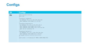 Configs
R# Configs
R4 ipv6 unicast-routing
ipv6 cef
!
interface Loopback0
ip address 10.1.1.4 255.255.255.255
ipv6 address 2001:DB8:1:1::4/128
!
interface Ethernet0/0
ip address 10.1.41.4 255.255.255.0
ipv6 address 2001:DB8:1:41::4/64
ipv6 address FD01:DB8:1:41::/64 eui-64
ipv6 nd ra interval 30
!
interface Serial1/0
ip address 10.1.37.1 255.255.255.254
ipv6 address 2001:DB8:14:1::15/127
ip route 0.0.0.0 0.0.0.0 10.1.37.0
!
ipv6 route ::/0 Serial1/0 FE80::4AFF:FEA2:851
 